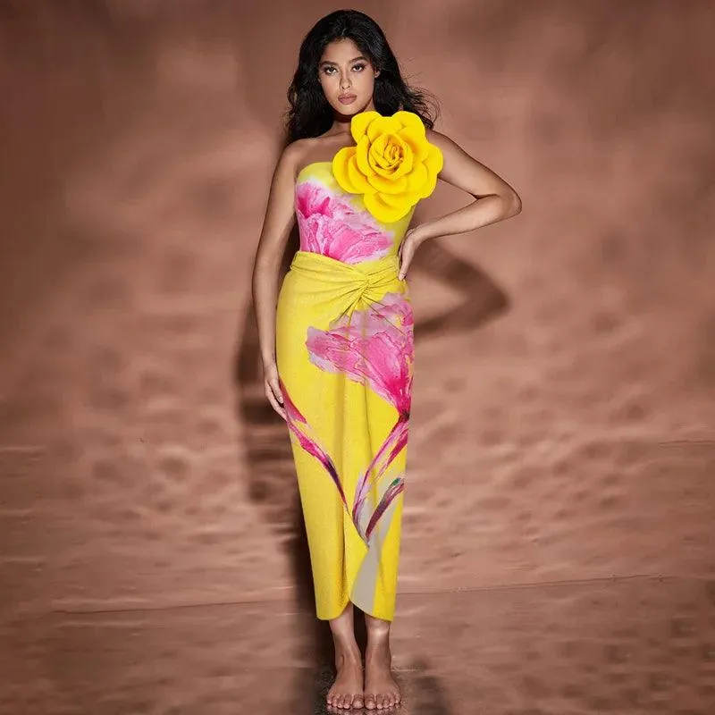 3D Flower Swimsuit With Cover Up - Yellow