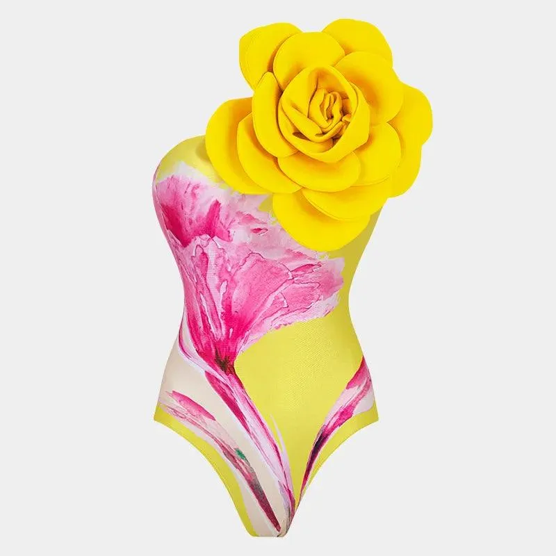 3D Flower Swimsuit With Cover Up - Yellow