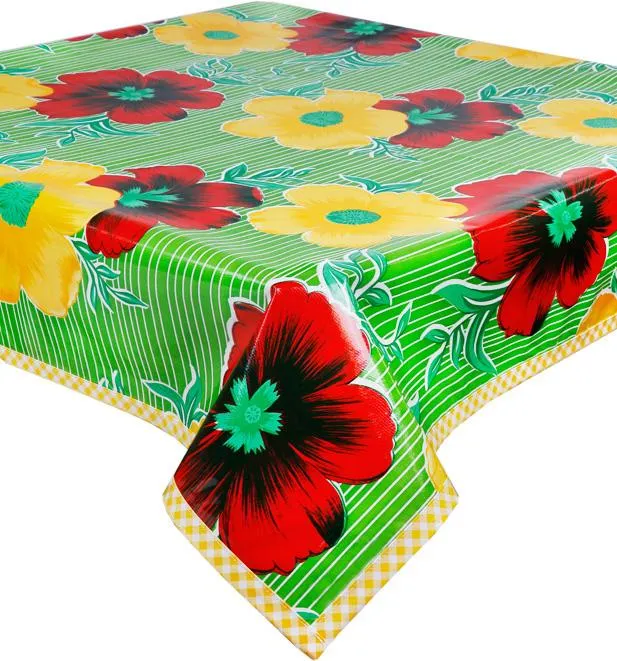 48 x 48 Big Flowers and Stripes Lime Oilcloth Tablecloth