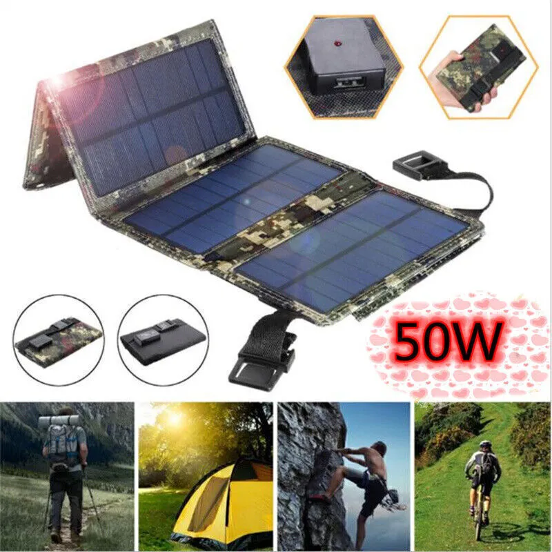 50W USB Solar Panel Folding Power Bank Phone Charger