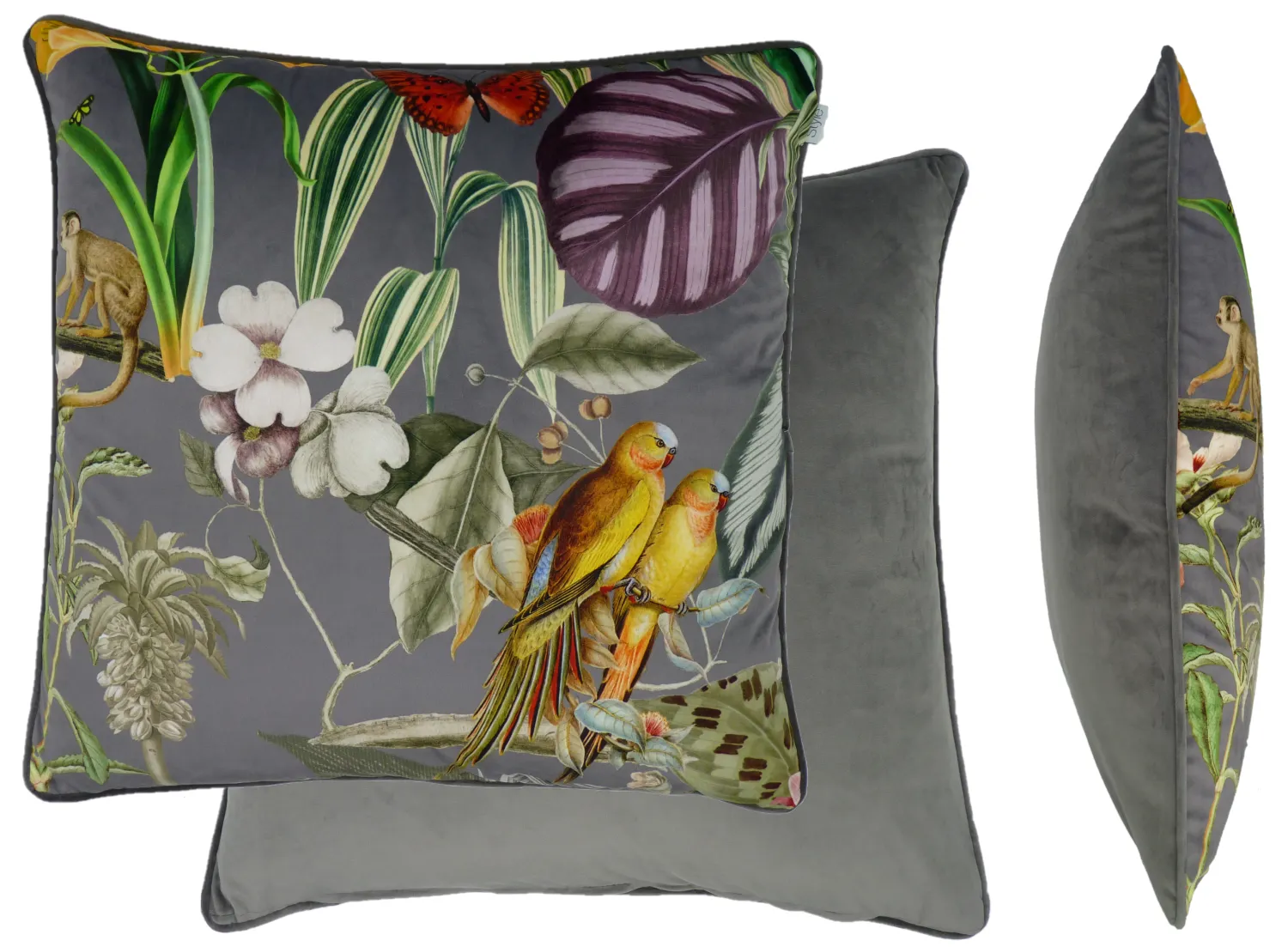 Barbados Grey Dusk Tropical Velvet Cushion (60cm x 60cm)