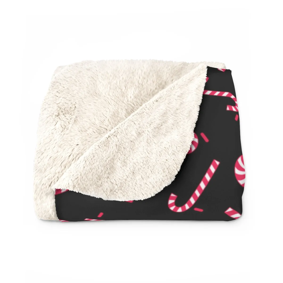 Black Candy Cane Fleece Blanket, Christmas Cozy Best Sherpa Fleece Blanket - Made in USA