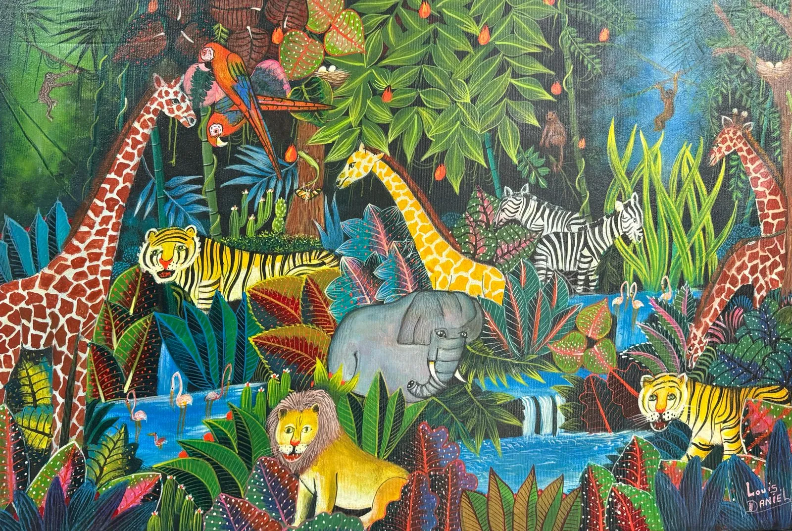 Daniel Louis 24"x36" Joyful Jungle Scene Oil on Canvas Painting #J26