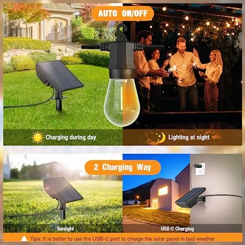 EIUIO Solar Outdoor Lights, 48FT Solar String Lights Outdoor Waterproof,8 Lighting Modes Solar Outdoor String Lights with Remotes & USB Port,Solar String Lights for Outside Bistro Party Patio