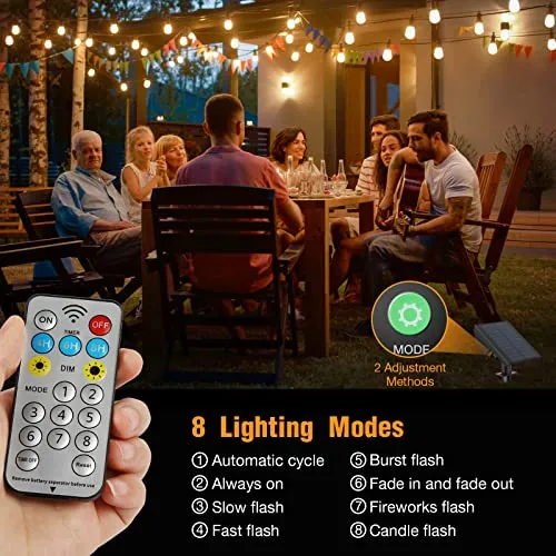 EIUIO Solar Outdoor Lights, 48FT Solar String Lights Outdoor Waterproof,8 Lighting Modes Solar Outdoor String Lights with Remotes & USB Port,Solar String Lights for Outside Bistro Party Patio