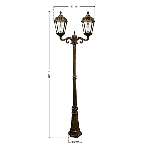 Gama Sonic Outdoor Solar Lamp Post Light Kit, Royal Bulb 120 Lumens, Double Head Weathered Bronze Cast Aluminum and Clear Beveled Glass Post Lamp, Light Pole, and Warm White Light 2700K, 98B302