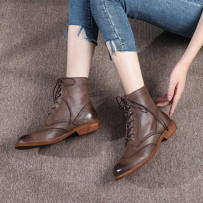 Handmade Wingtip Shoes Leather Martin Boots Block Carving Brogue Ankle Boot For Women Black/Coffee