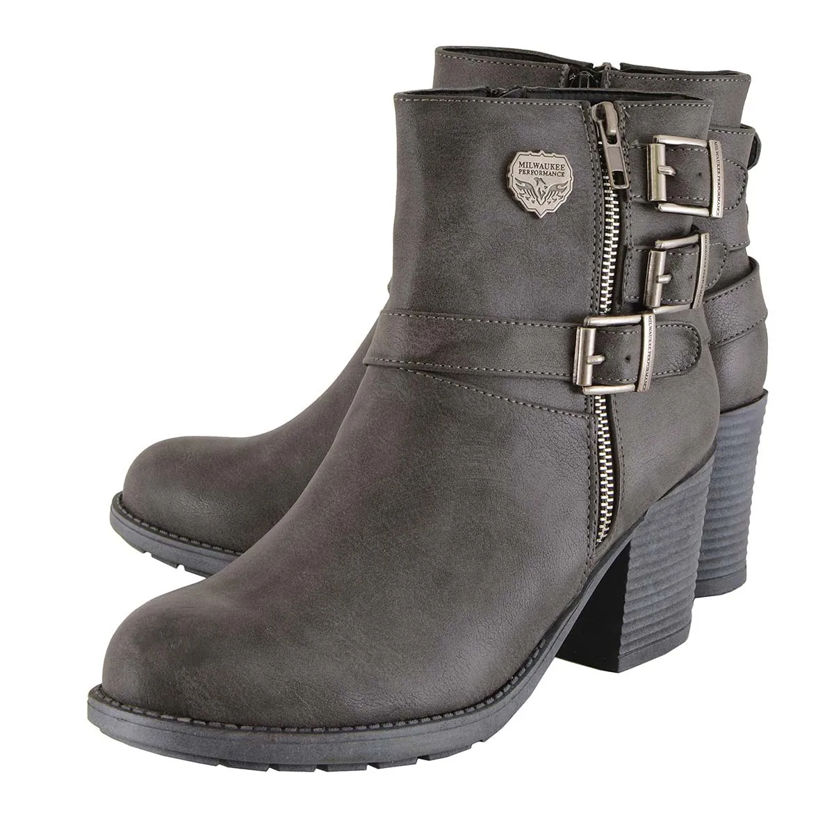 Milwaukee Leather MBL9406 Women's Stone Grey 3-Buckle Leather Boots