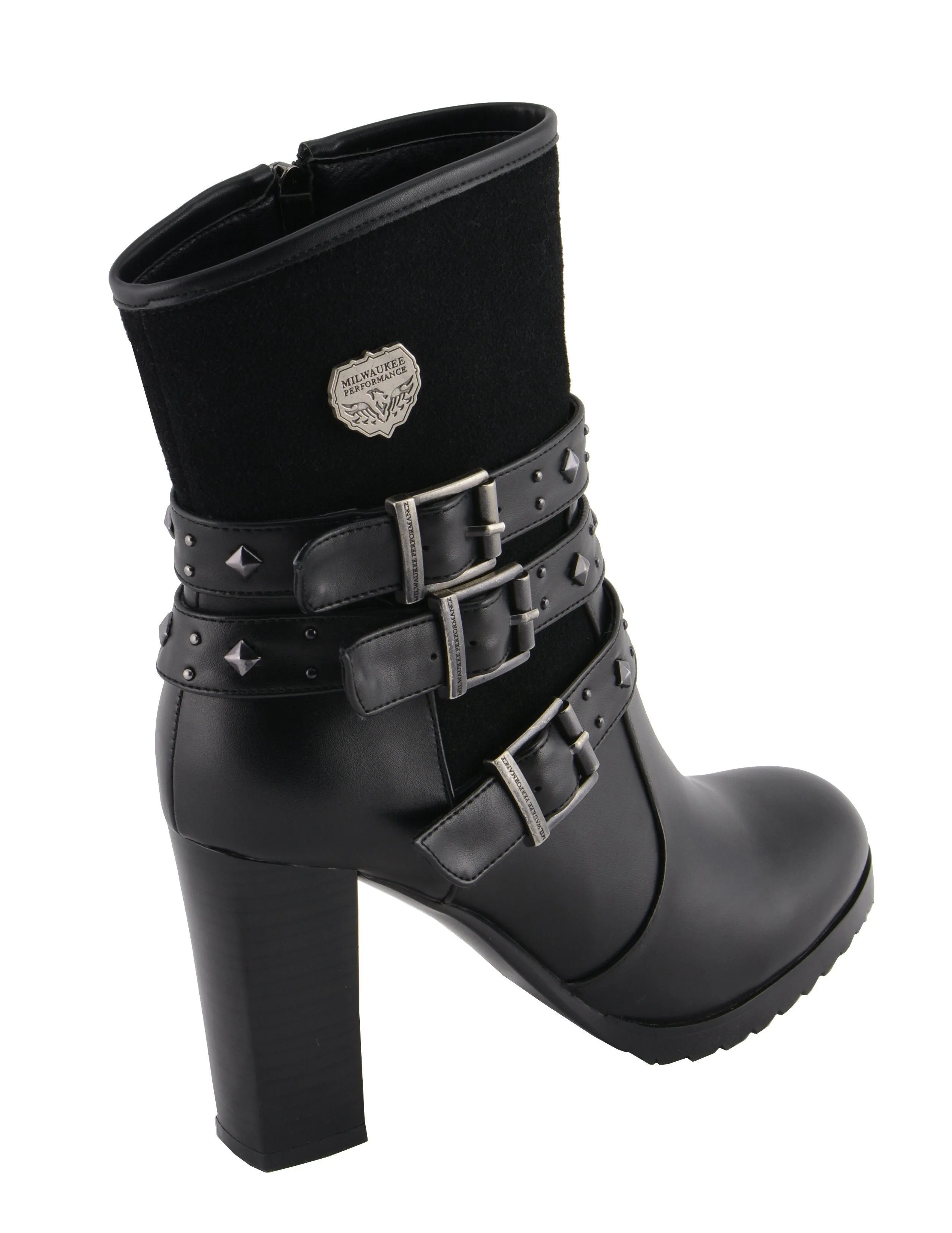 Milwaukee Leather MBL9433 Women's Black Triple Buckle Strap Fashion Riding Boots with Block Heel