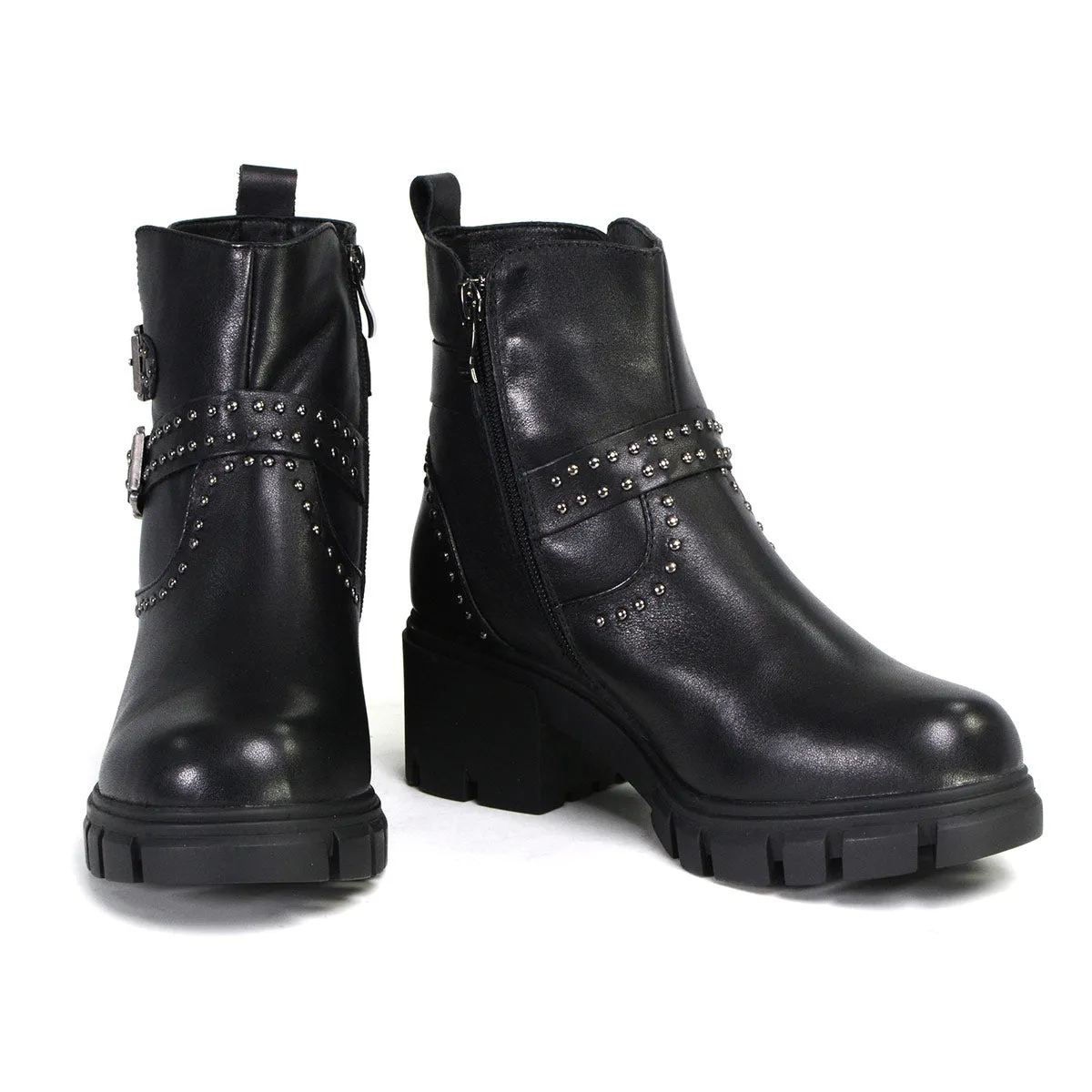 Milwaukee Performance Leather MBL9446 Women's ‘Siren’ Black Leather Studded Boots with Side Zipper Entry