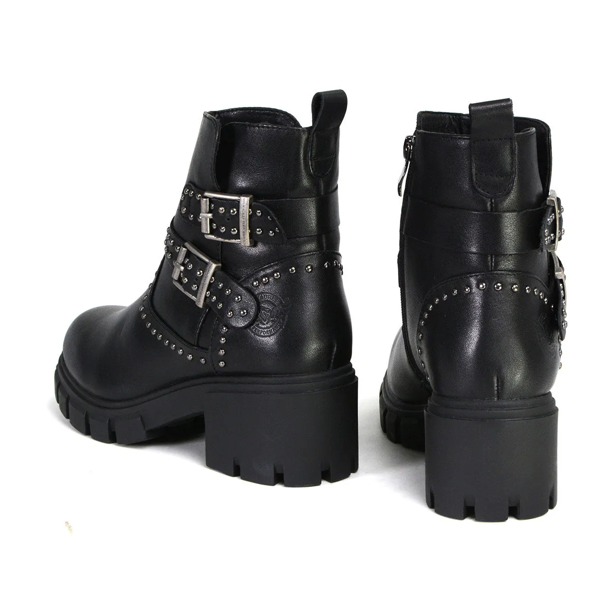 Milwaukee Performance Leather MBL9446 Women's ‘Siren’ Black Leather Studded Boots with Side Zipper Entry