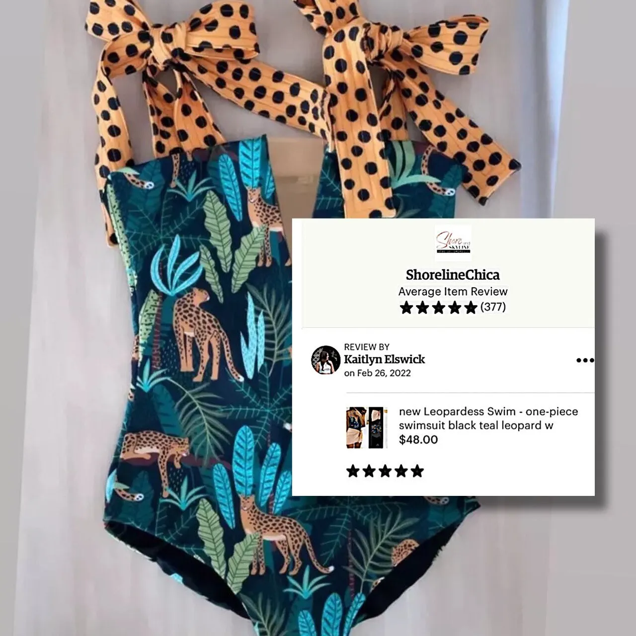 new Leopardess Swim Set one-piece swimsuit black teal leopard w polka shoulder ties   cover-up choice: resort-wrap / skirt / shorts