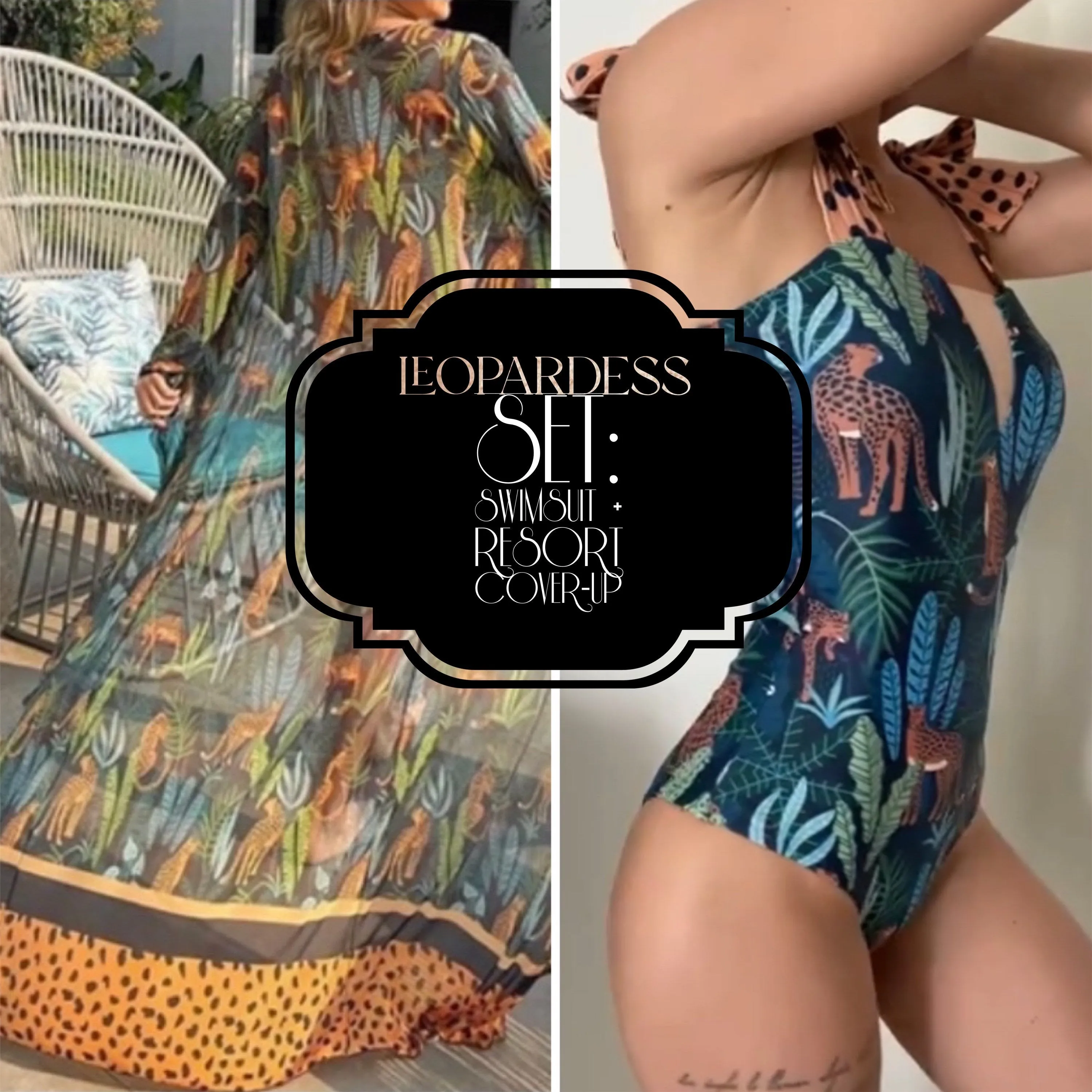 new Leopardess Swim Set one-piece swimsuit black teal leopard w polka shoulder ties   cover-up choice: resort-wrap / skirt / shorts