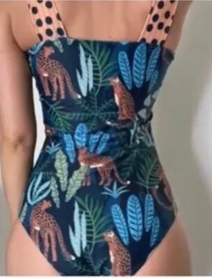 new Leopardess Swim Set one-piece swimsuit black teal leopard w polka shoulder ties   cover-up choice: resort-wrap / skirt / shorts