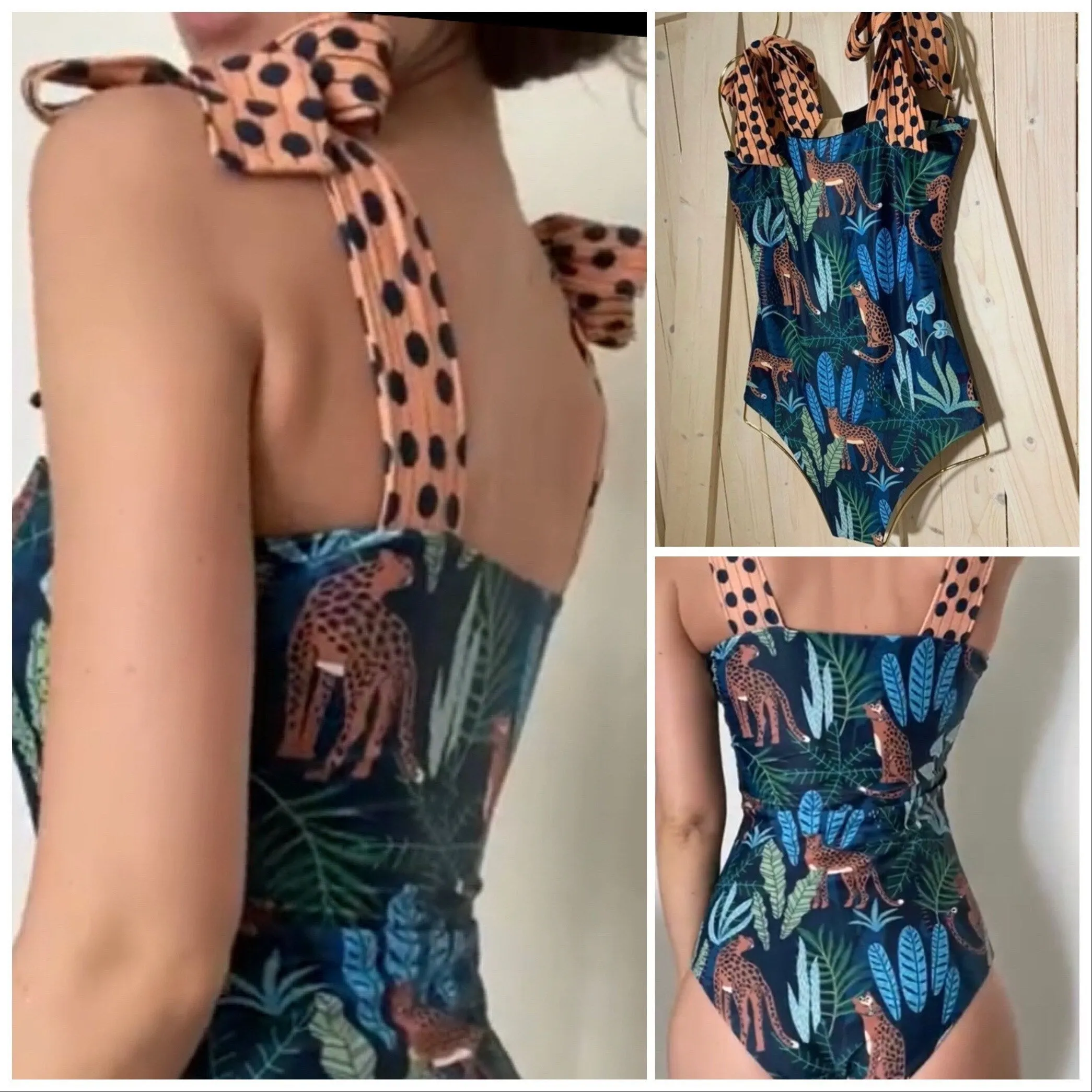 new Leopardess Swim Set one-piece swimsuit black teal leopard w polka shoulder ties   cover-up choice: resort-wrap / skirt / shorts