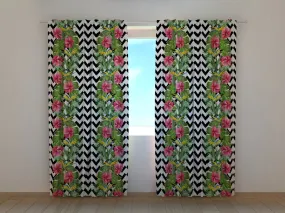 Photocurtain Tropical Leaves and Hibiscus Flowers