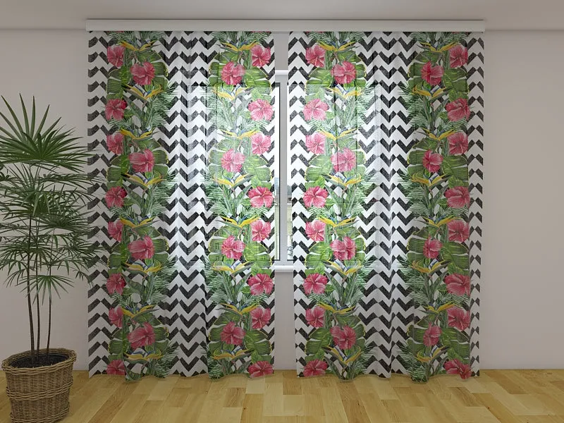 Photocurtain Tropical Leaves and Hibiscus Flowers