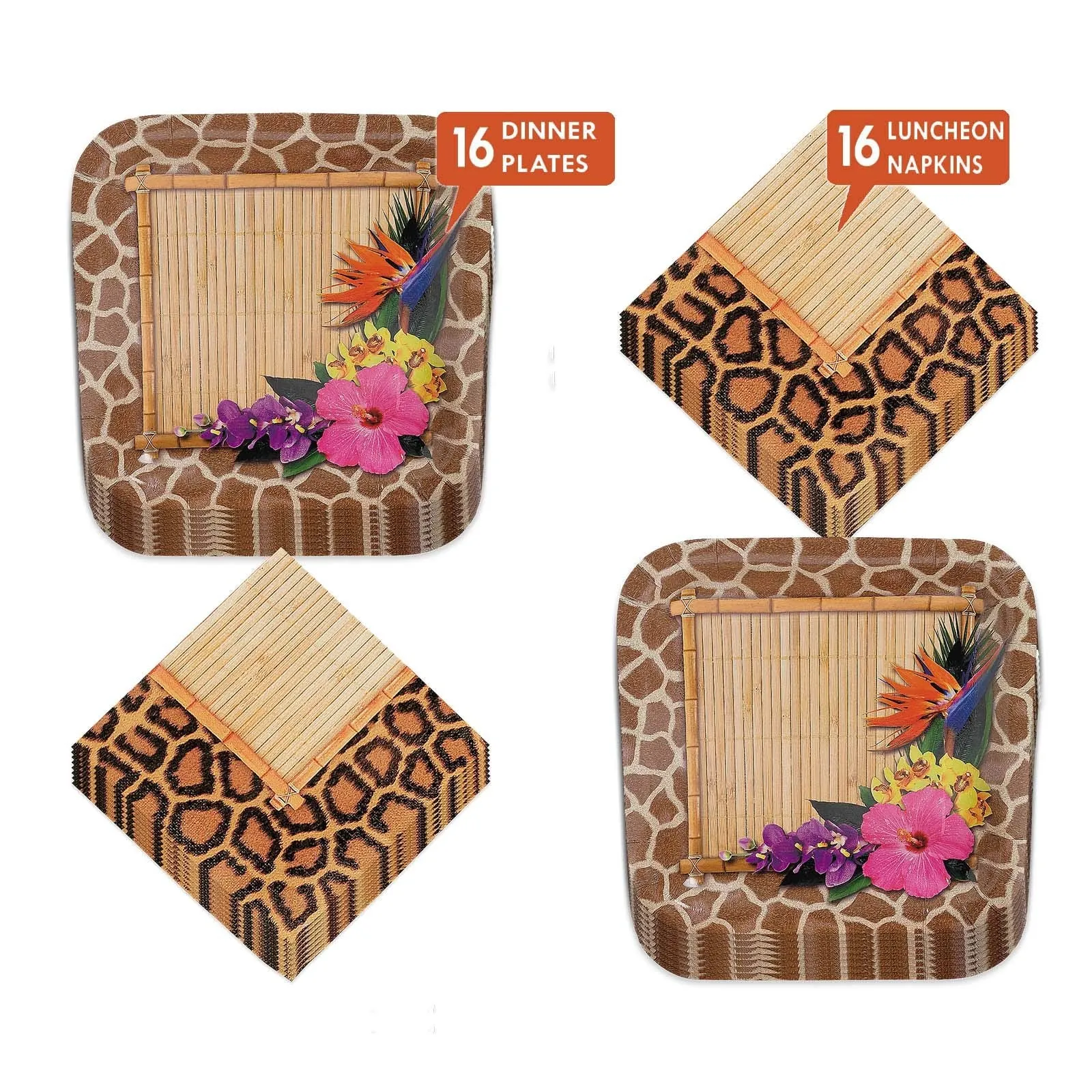 Safari Paradise Animal Print and Wild Floral Paper Dinner Plates and Lunch Napkins (Serves 16)