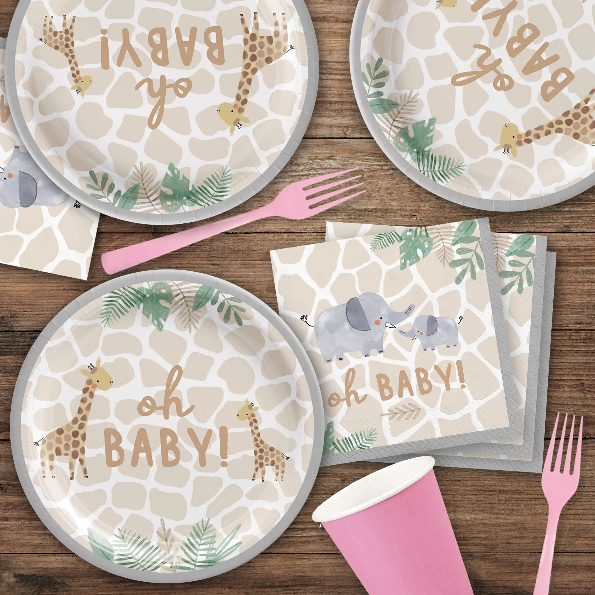 Soft Jungle Animal Print Baby Shower Dessert Plates and Beverage Napkins (Serves 16)