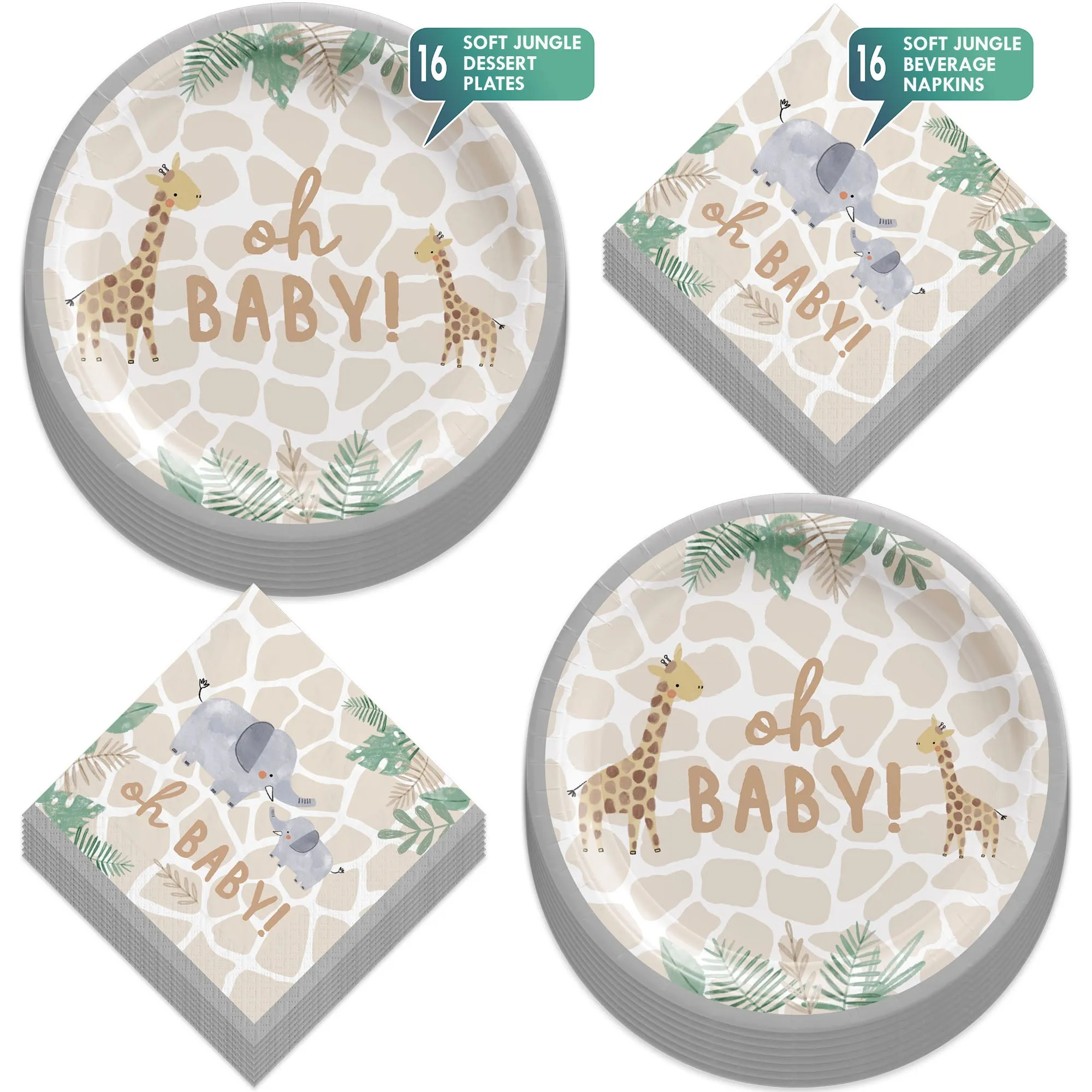 Soft Jungle Animal Print Baby Shower Dessert Plates and Beverage Napkins (Serves 16)